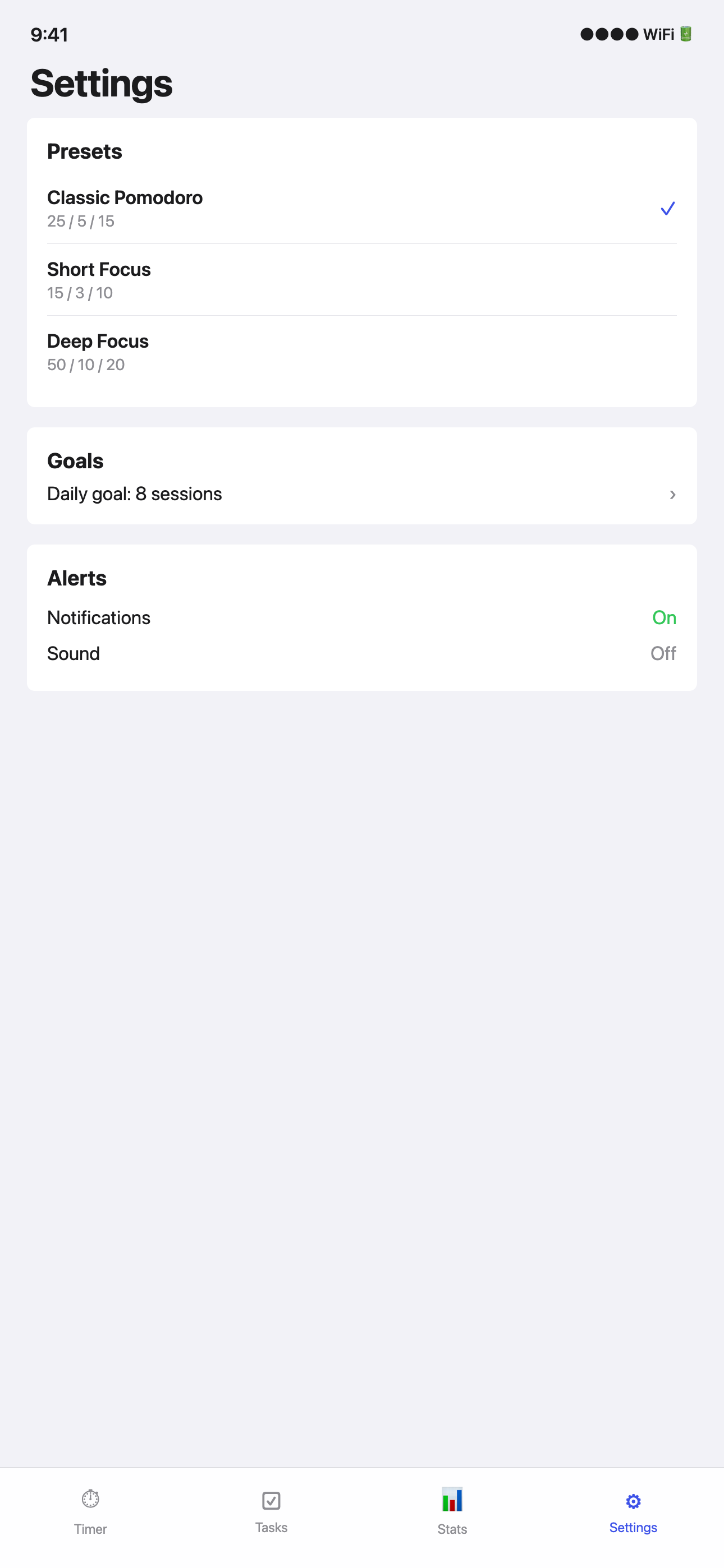 Settings with Pomodoro presets