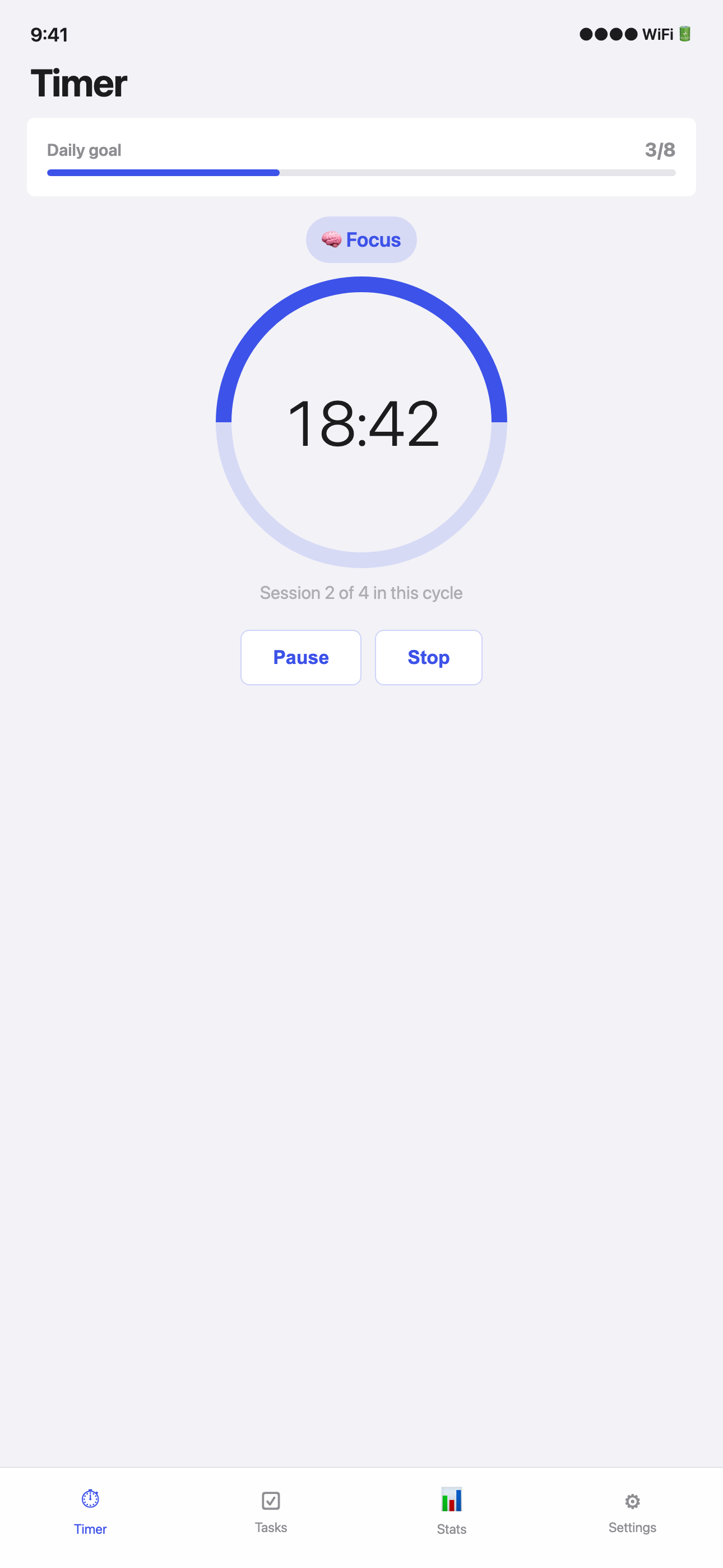 Focus Timer — active Pomodoro session with progress ring